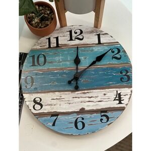 Coastal Rustic Weather Wood Face BLue White Brown Clock Antique Warmth